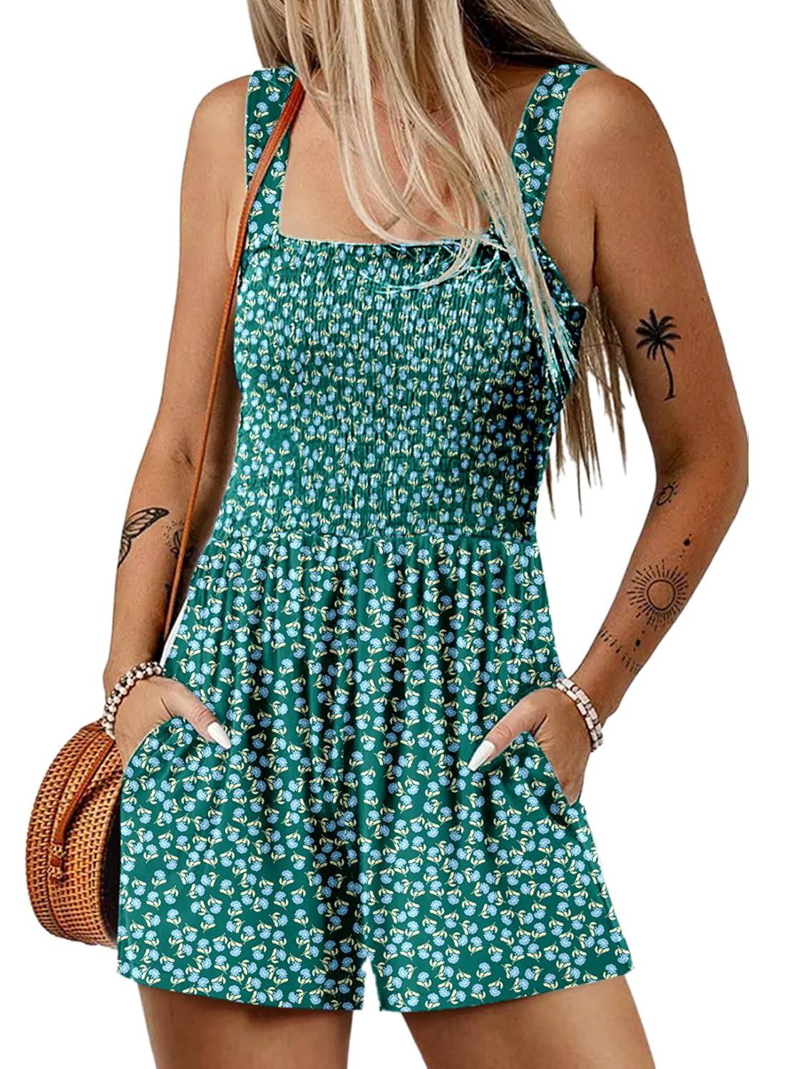 Women's Summer Square Neck Sleeveless Loose Casual Short Smocked Romper