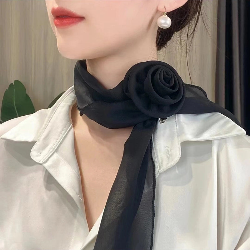 Women's Elegant Solid Color Flower Satin Silk Scarf
