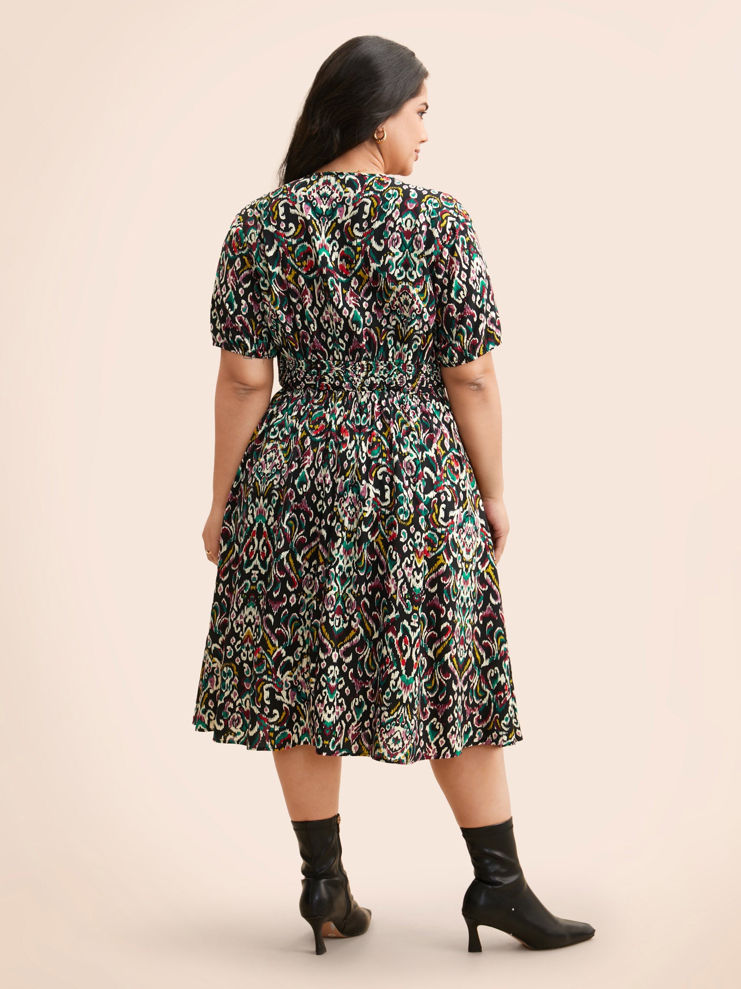 Bandana Print V Neck Shirred Gathered Dress