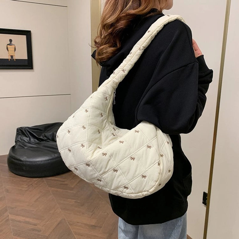 Women's Nylon Bow Knot Classic Style Dumpling Shape Zipper Shoulder Bag
