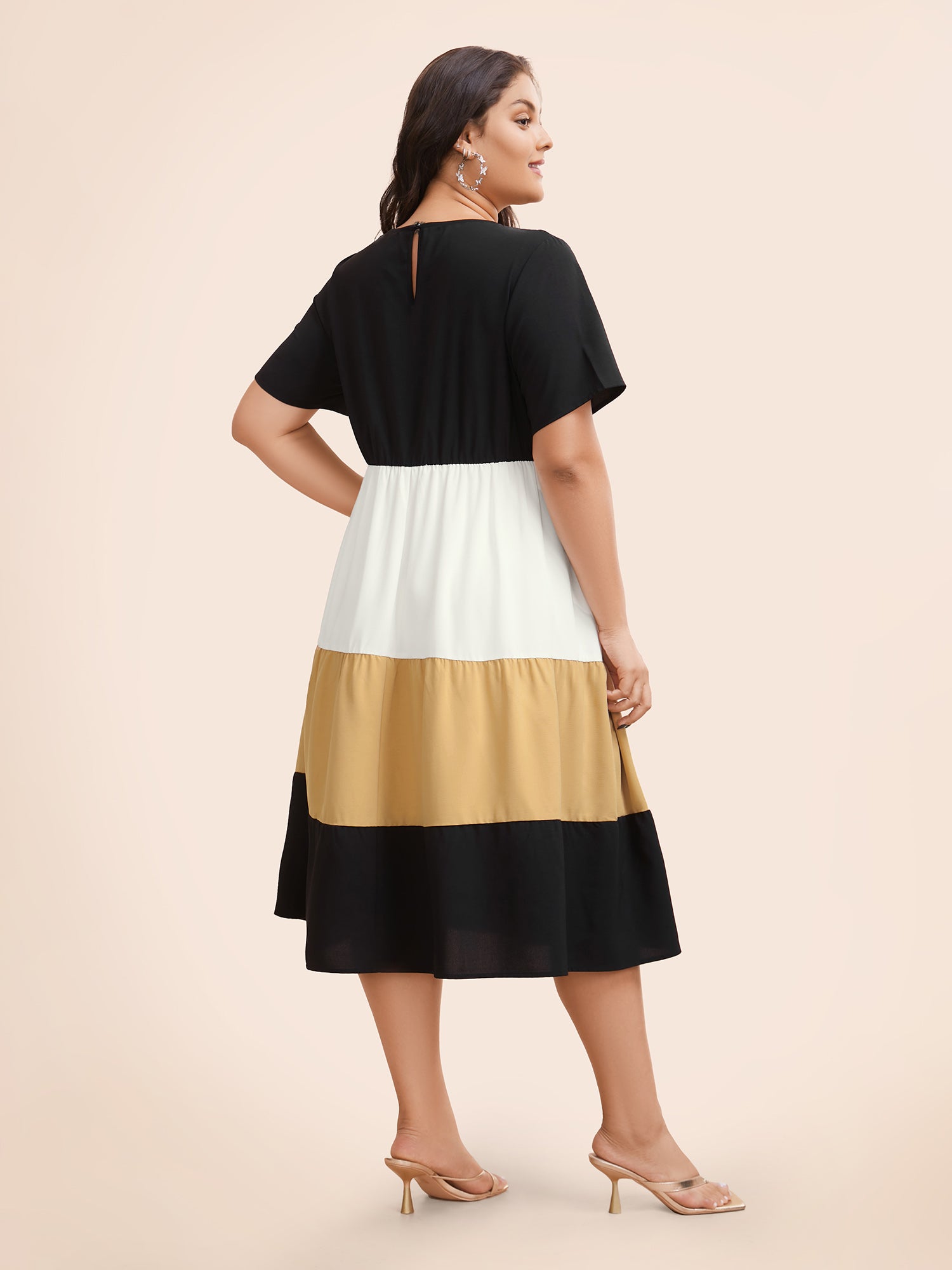 Contrast Belted Pocket Layered Hem Dolman Sleeve Dress