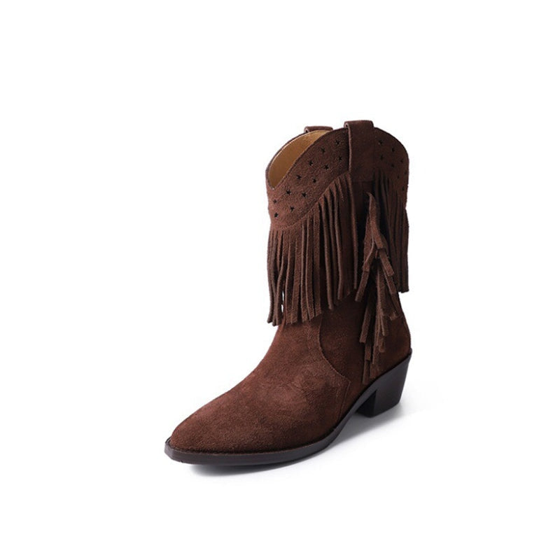 Western Point Toe Cowgirl Boots With Tassels Handmade Boots in Black/Brown/Coffee