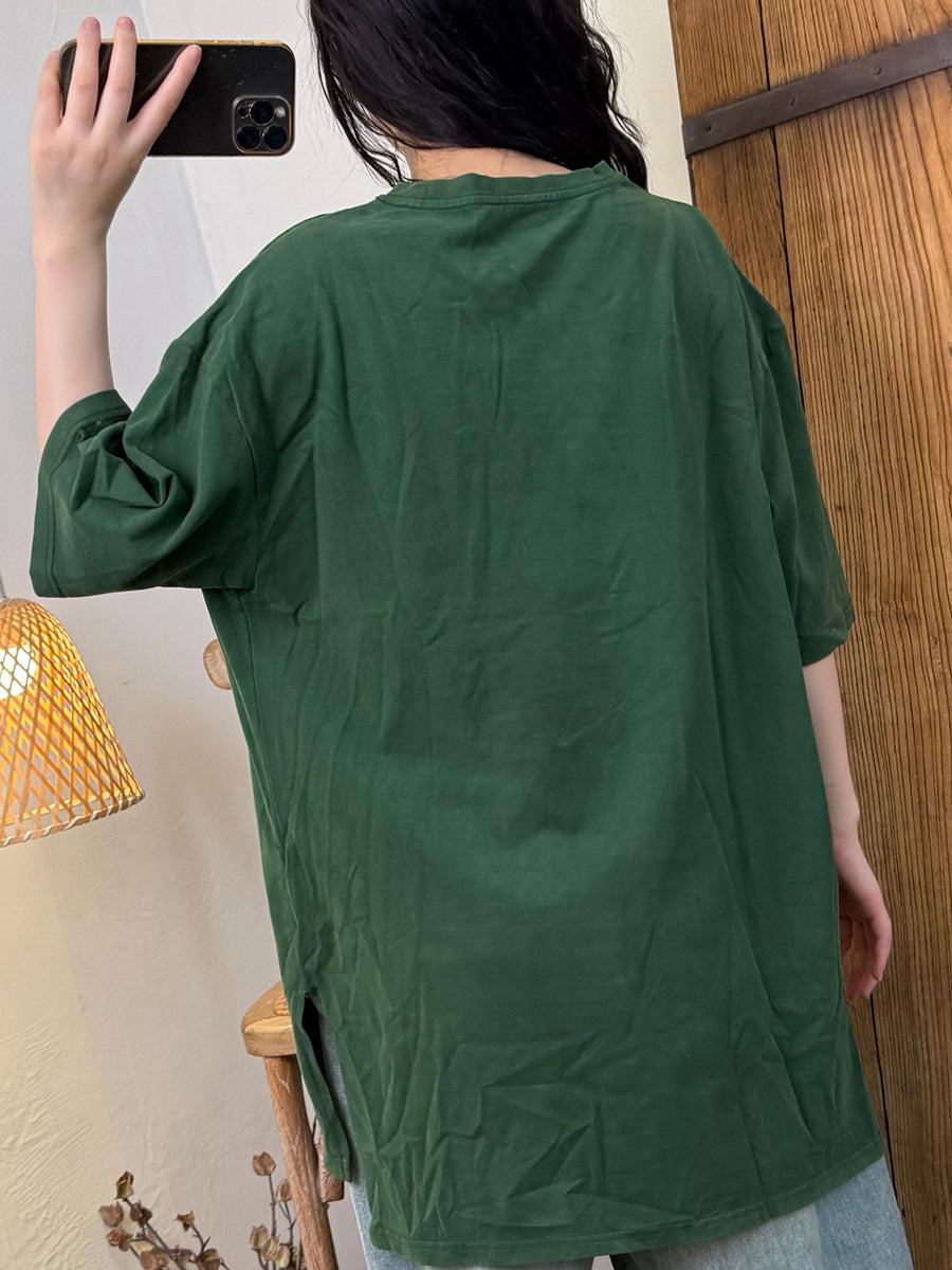 Women Summer Casual Cotton Print O-Neck Shirt