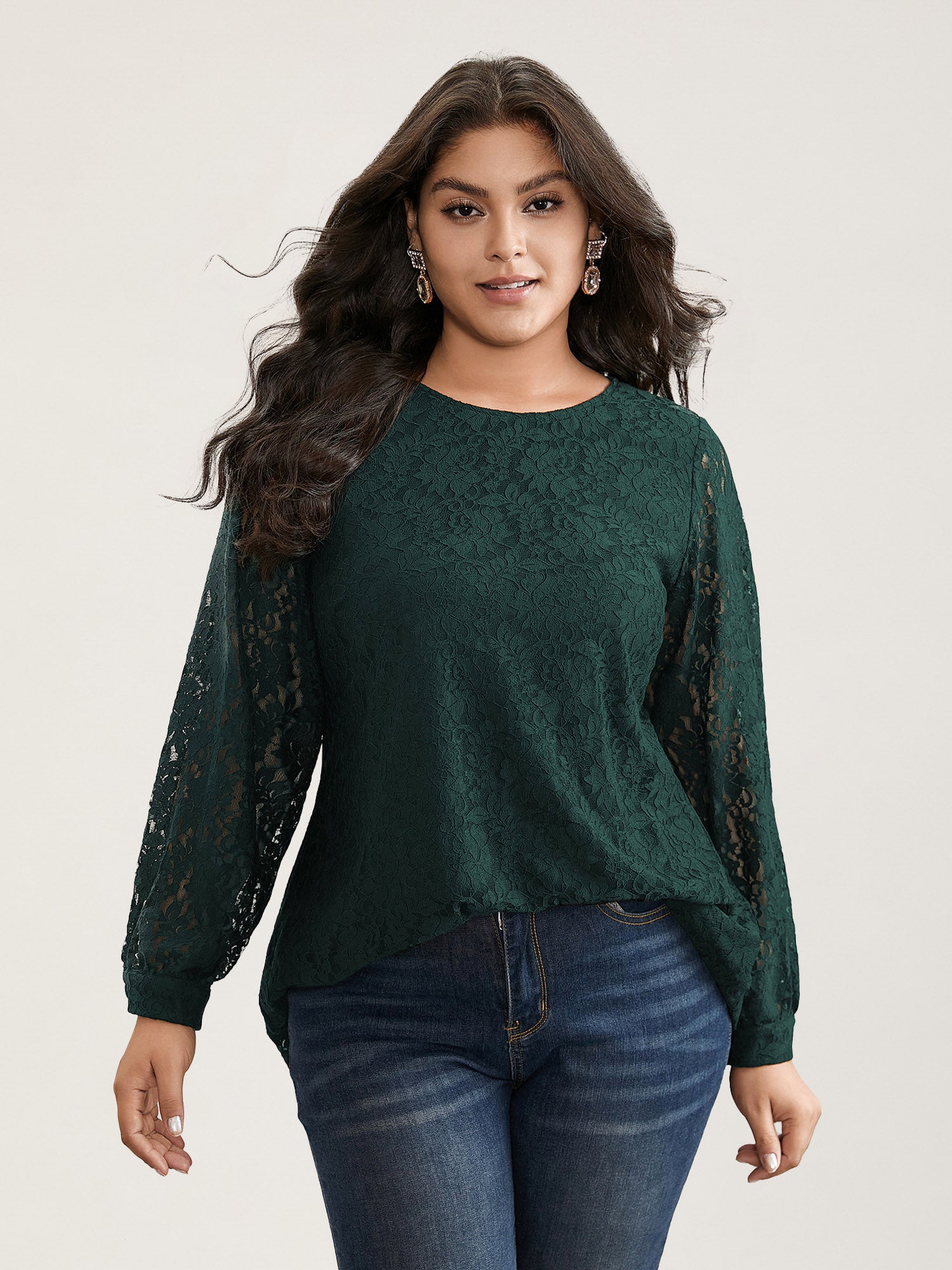 Solid Crochet Lace Mesh Crew Neck Blouse