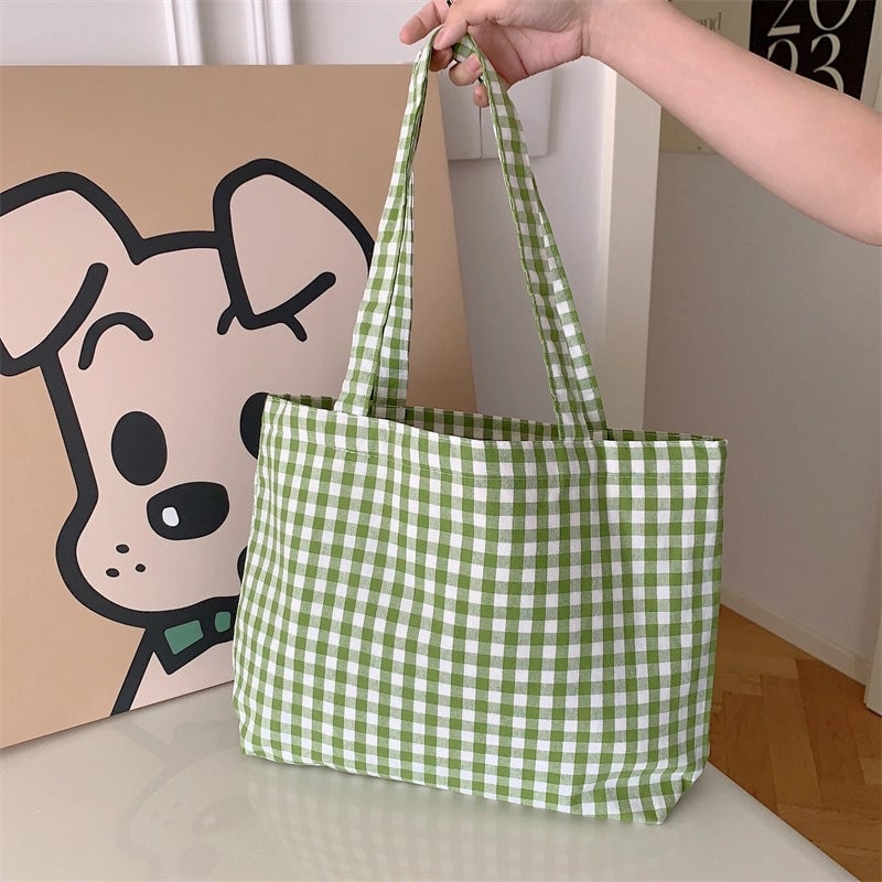 Large Capacity Plaid Canvas Bag Shopping Bag Student Shoulder Handbag Vintage Tote Bag