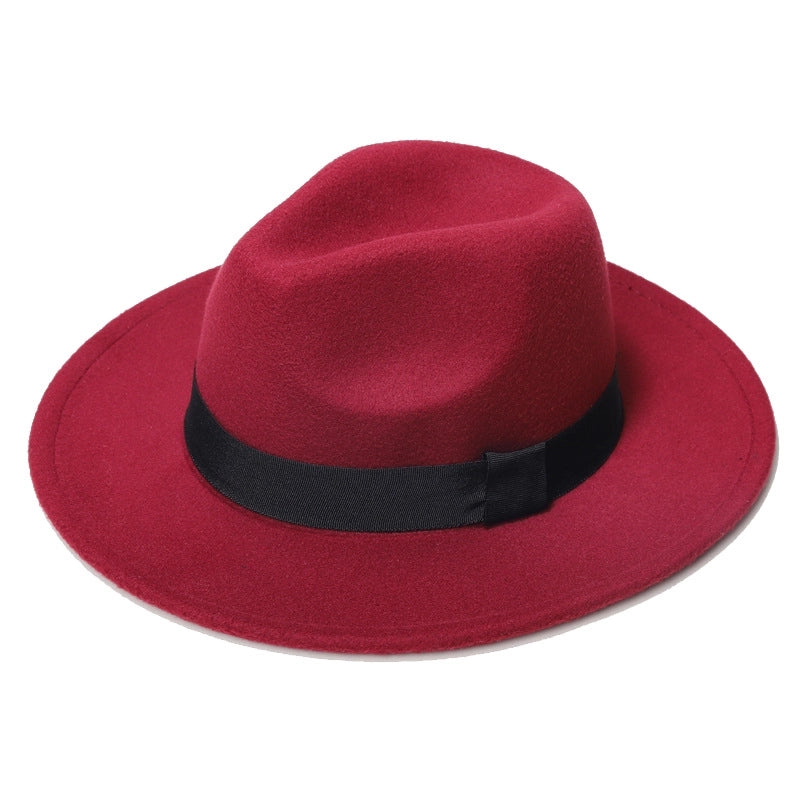 Autumn And Winter New Square Ribbon Panama Top Hat British Style Flat Rim Jazz Hat Woolen Hat Men