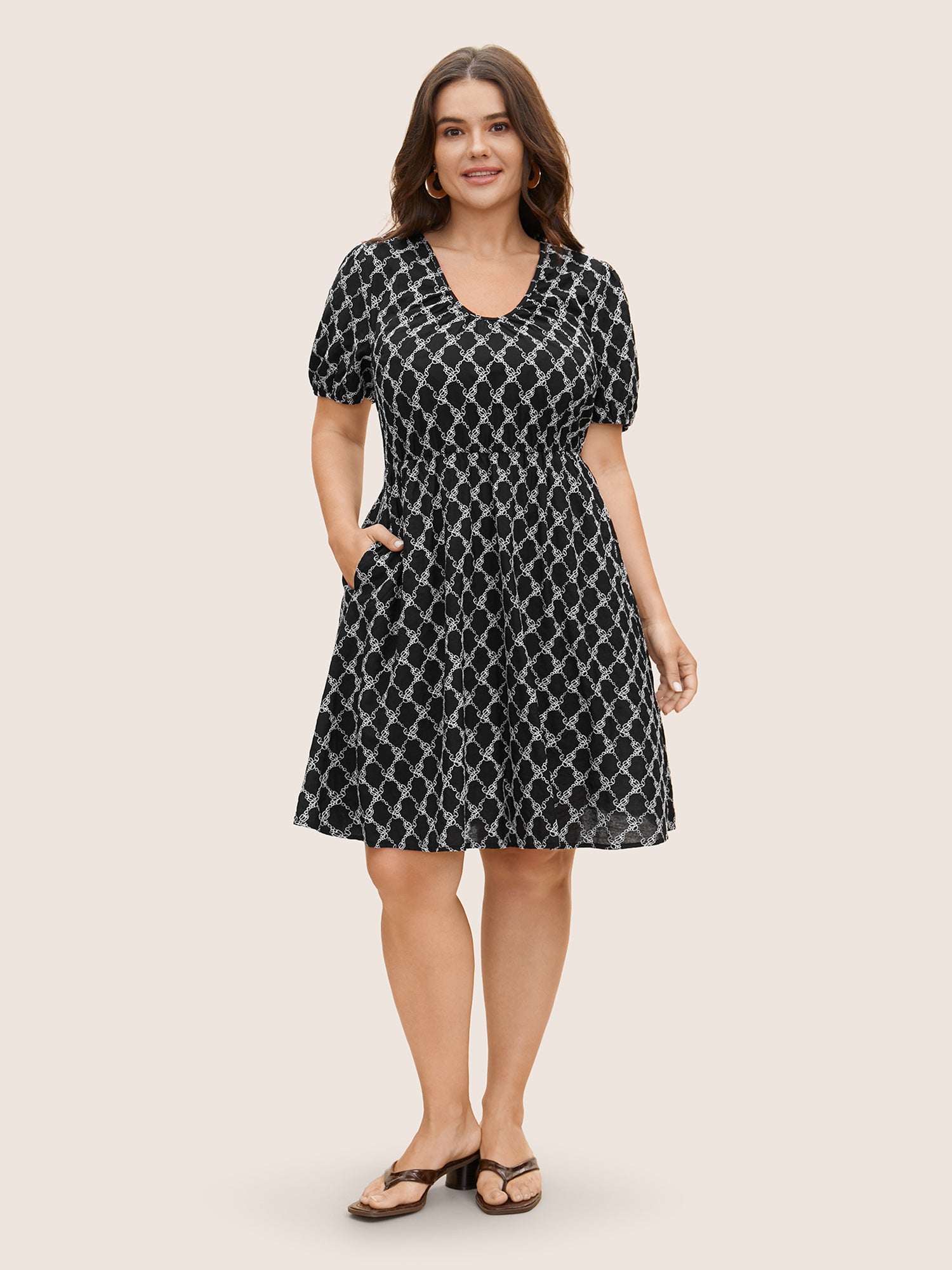 U Neck Geometric Tie Knot Puff Sleeve Dress