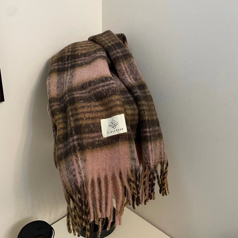 Plaid Scarf Women's Winter High-grade Gradient Mohair Thickened Warm Scarf New Cashmere-like Shawl