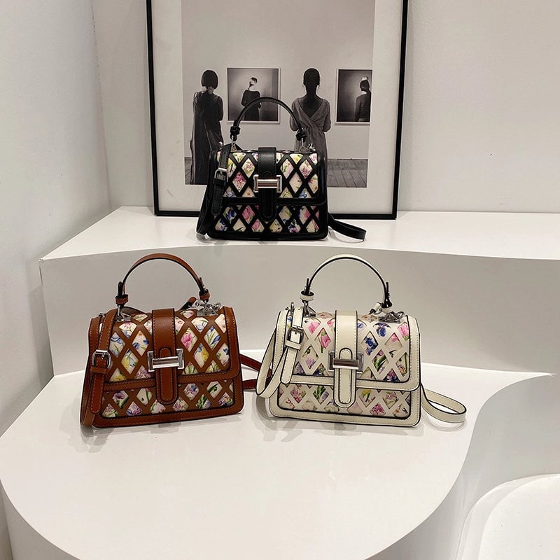 Women's Small Pu Leather Printing Elegant Square Magnetic Buckle Handbag