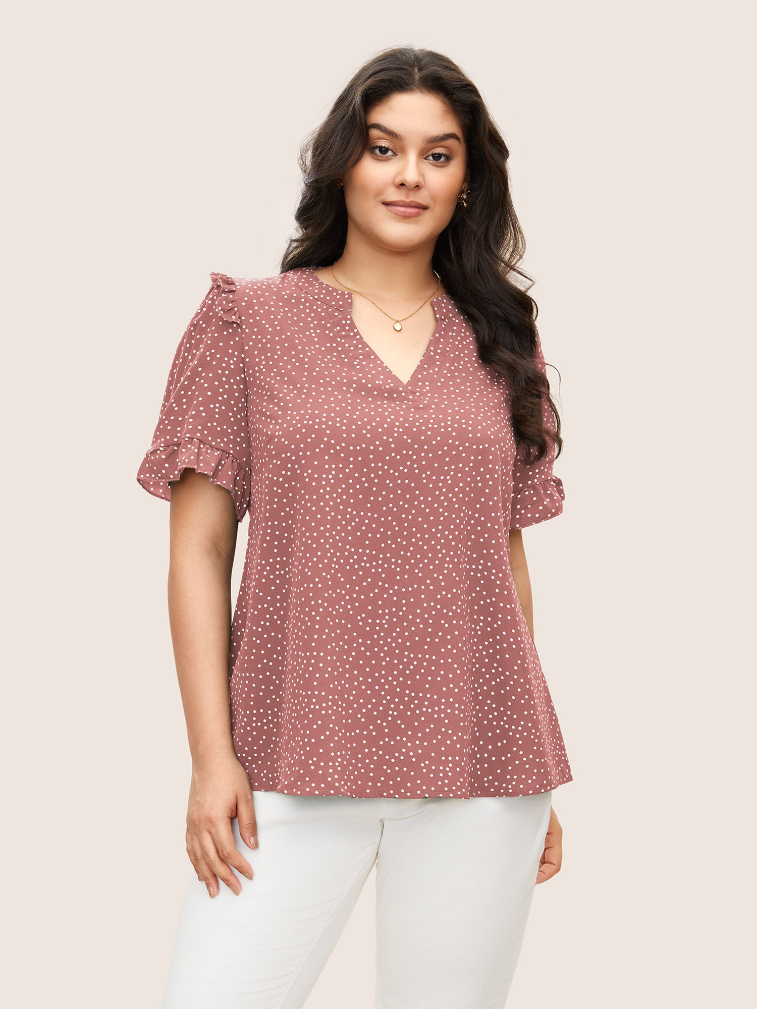 Polka Dot V Neck Ruffle Trim Blouse