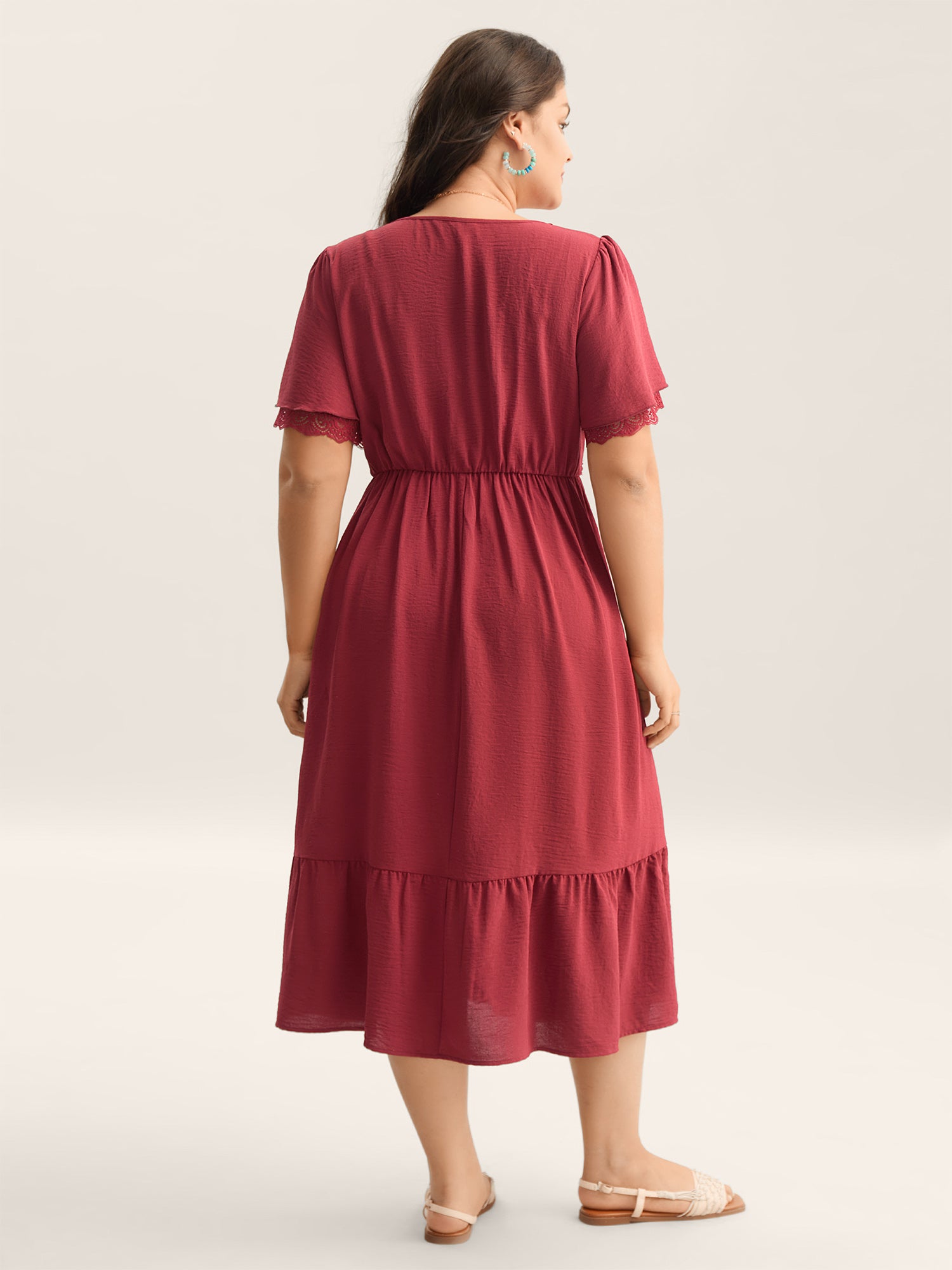 Lace Trim Neck Sheer Pockets Maxi Dress