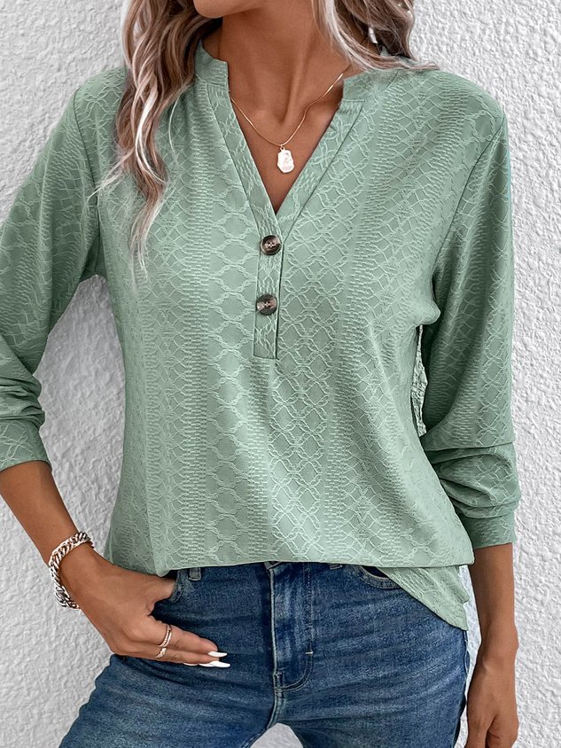 V Neck Long Sleeve Plain Jacquard Regular Medium Elasticity Loose Shirt For Women