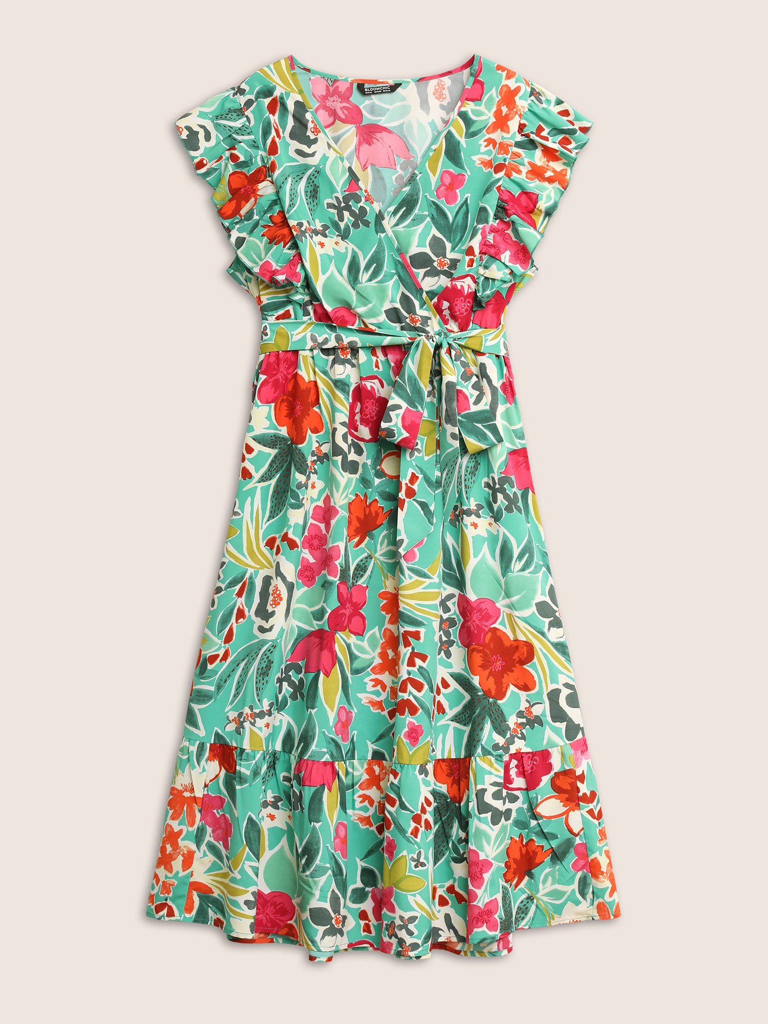 Floral Wrap Patchwork Ruffle Cap Sleeve Dress