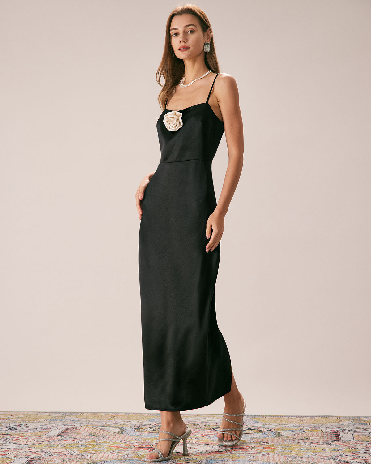 The Black Rosette Satin Strap Maxi Dress