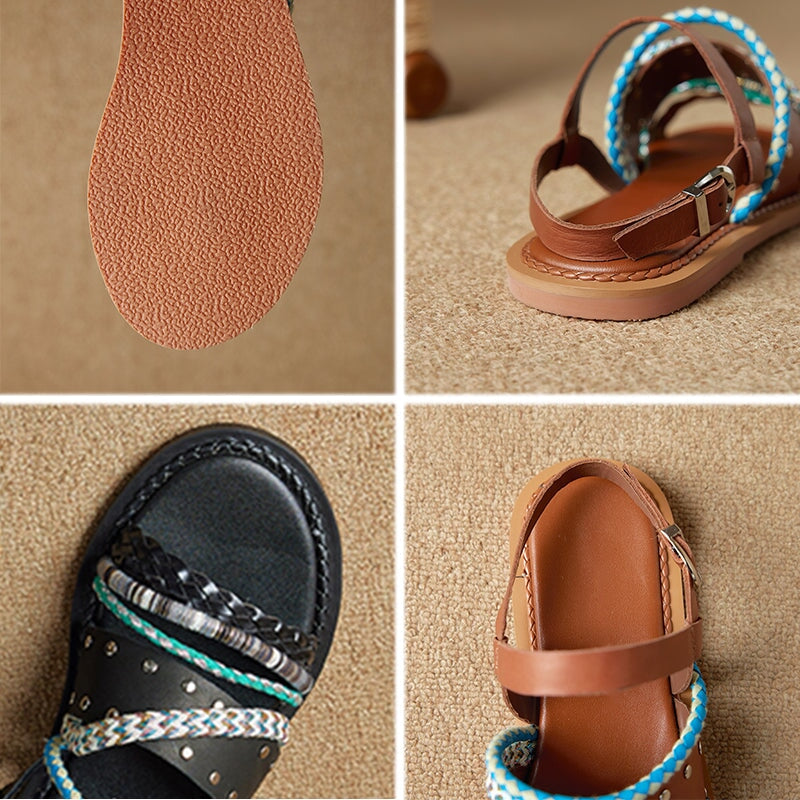 Fashion Woven Leather Roman Style Slingback Flat Sandals with Studs in Black/Brown/Beige
