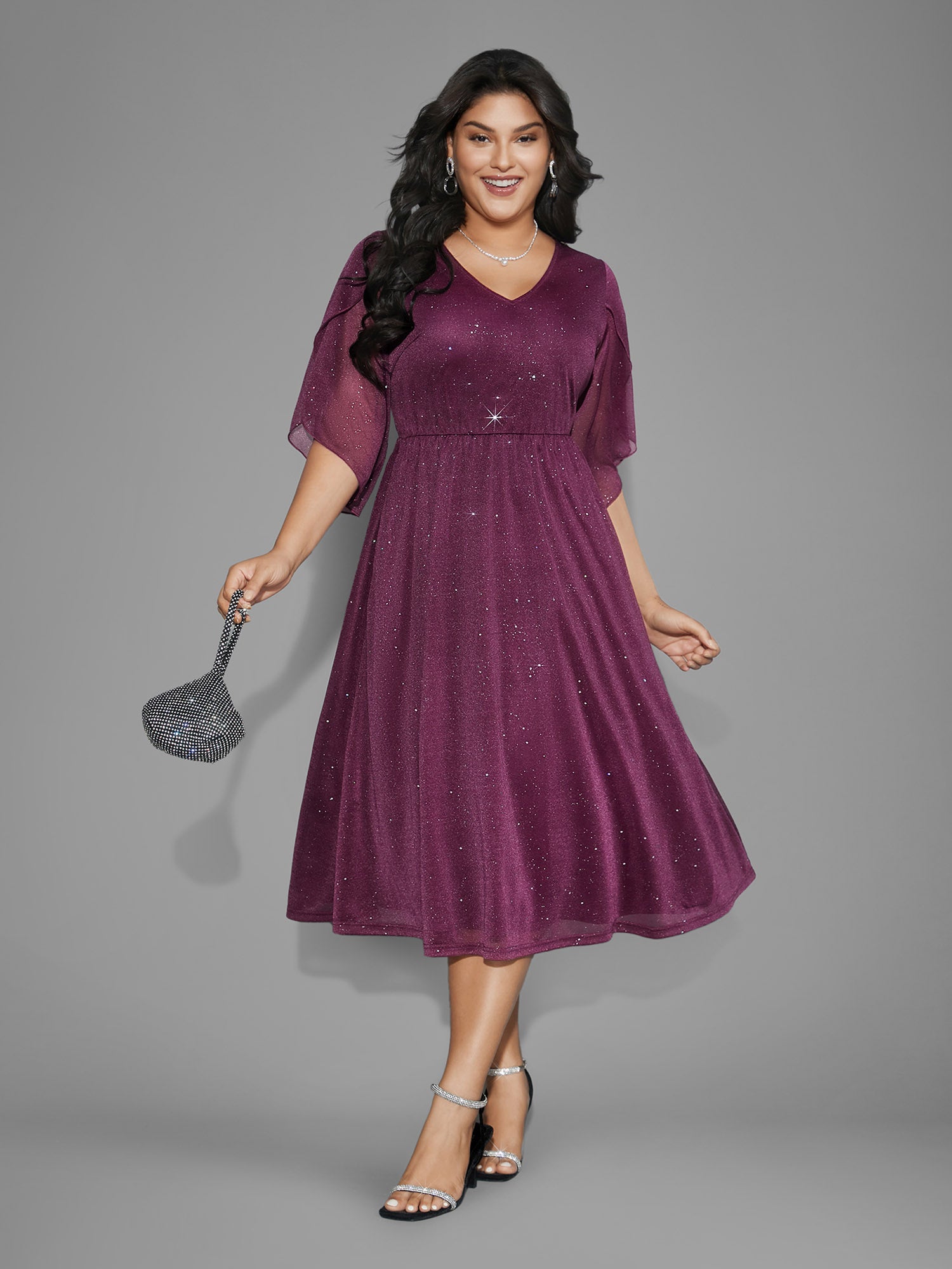 Glitter Mesh Petal Sleeve Midi Dress