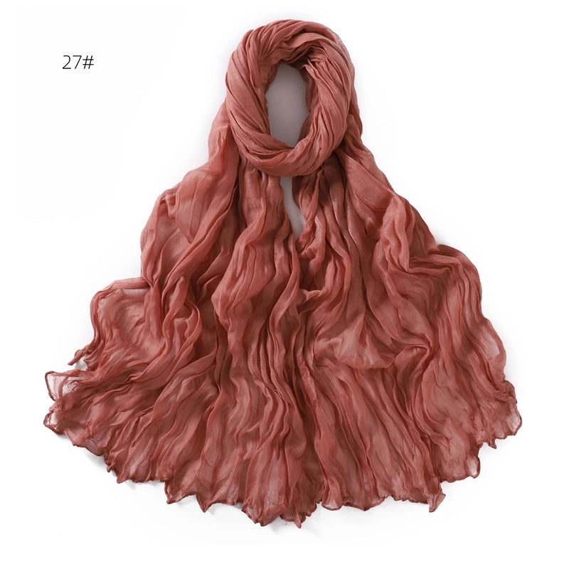 Spring And Autumn Pure Color Silk Yarn Twist Wrinkle Cotton And Linen Breathable Thin Scarf Female Cover Scarf In Stock