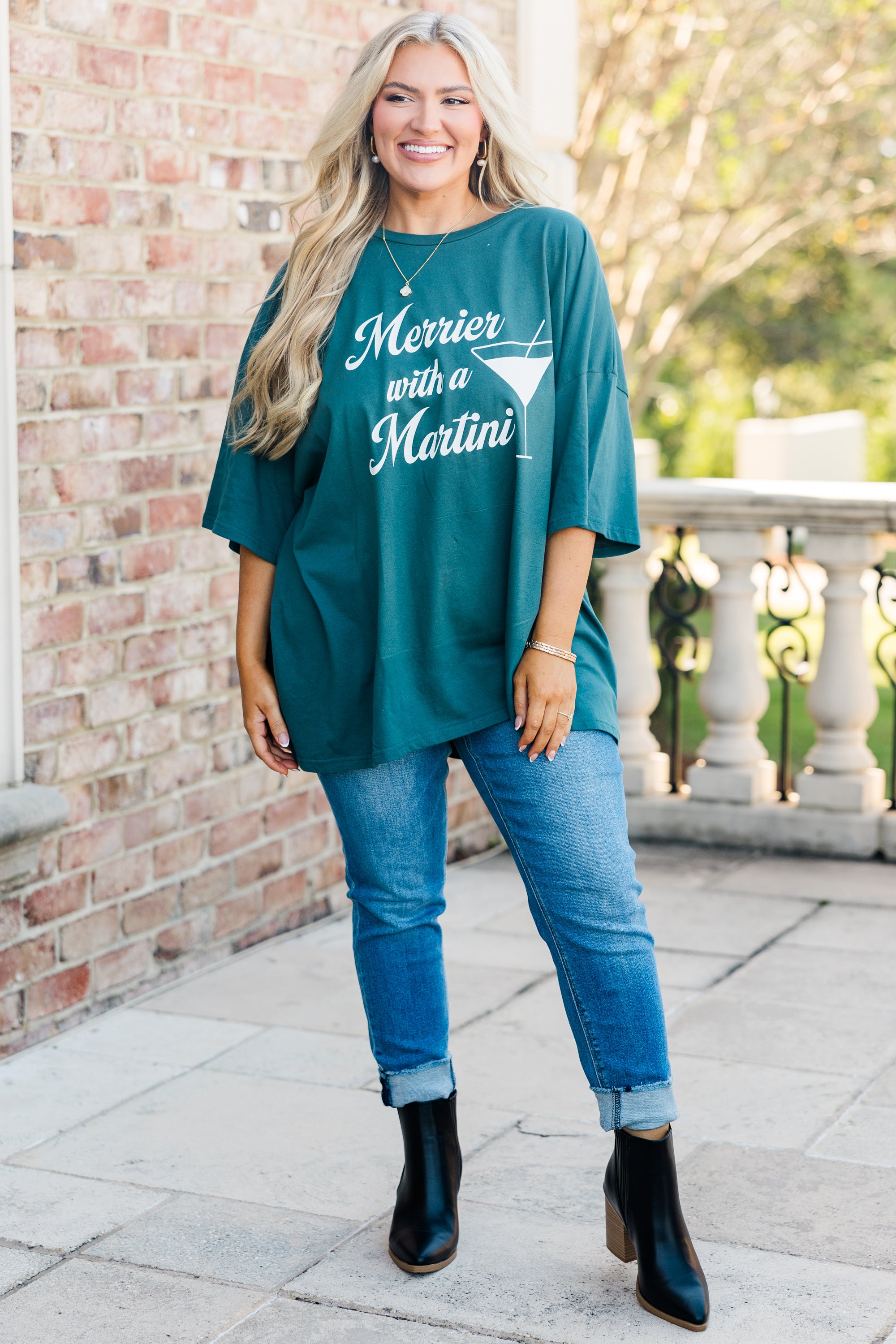 Merrier With A Martini Boyfriend Tee. Peacock