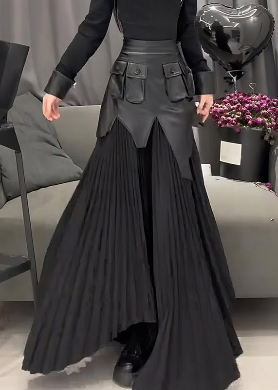 Bohemian Black PU Patchwork Wrinkled A Line Skirt Summer