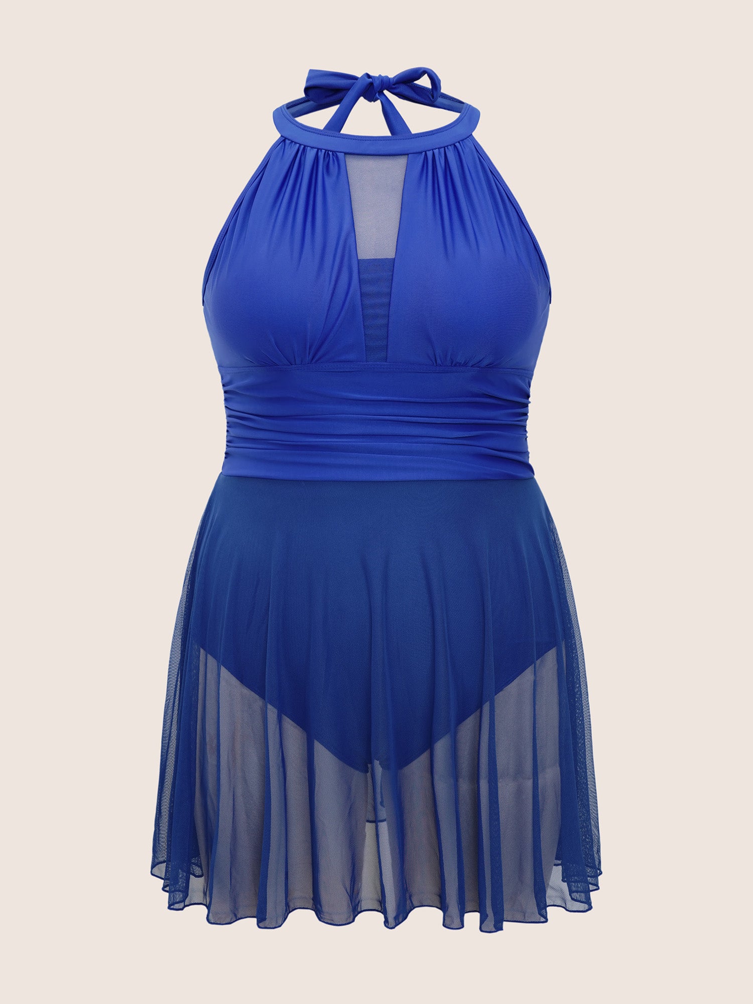 Knotted Back Mesh Insert Halter Swim Dress