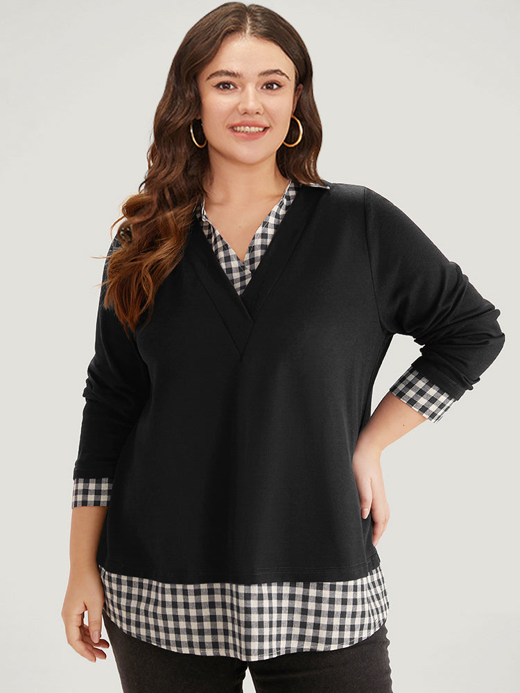 Gingham Patchwork Shirt Collar Arc Hem Sweatshirt