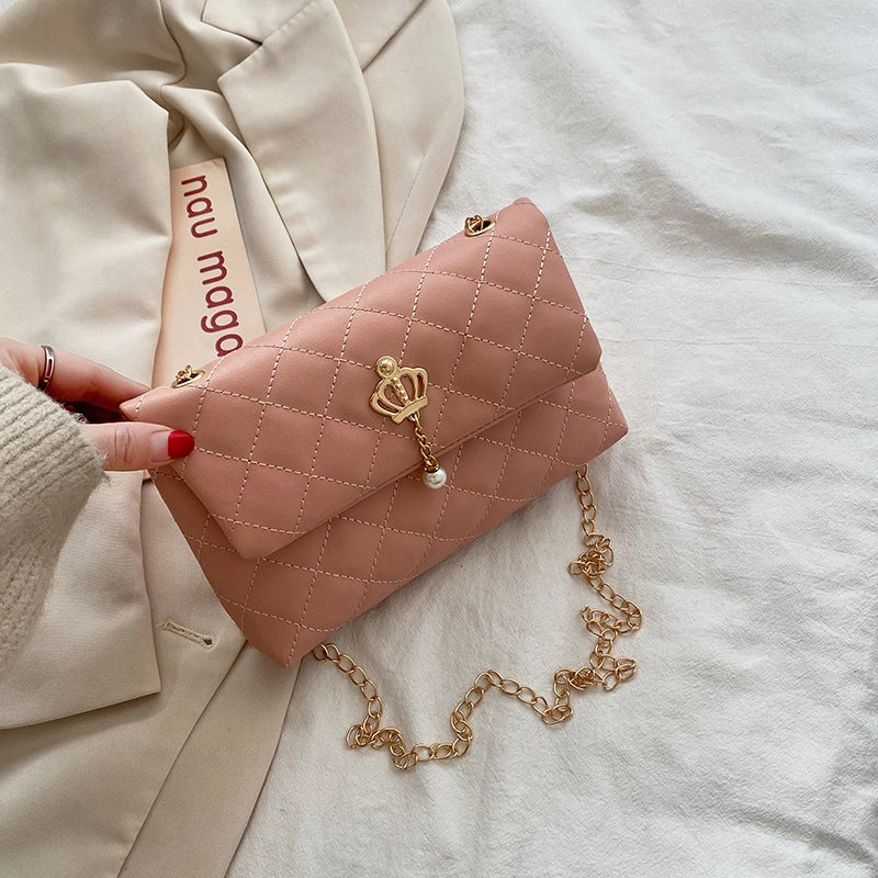 Small Pu Leather Pure Color Pearl Diamond Chain Bag Hander Bag