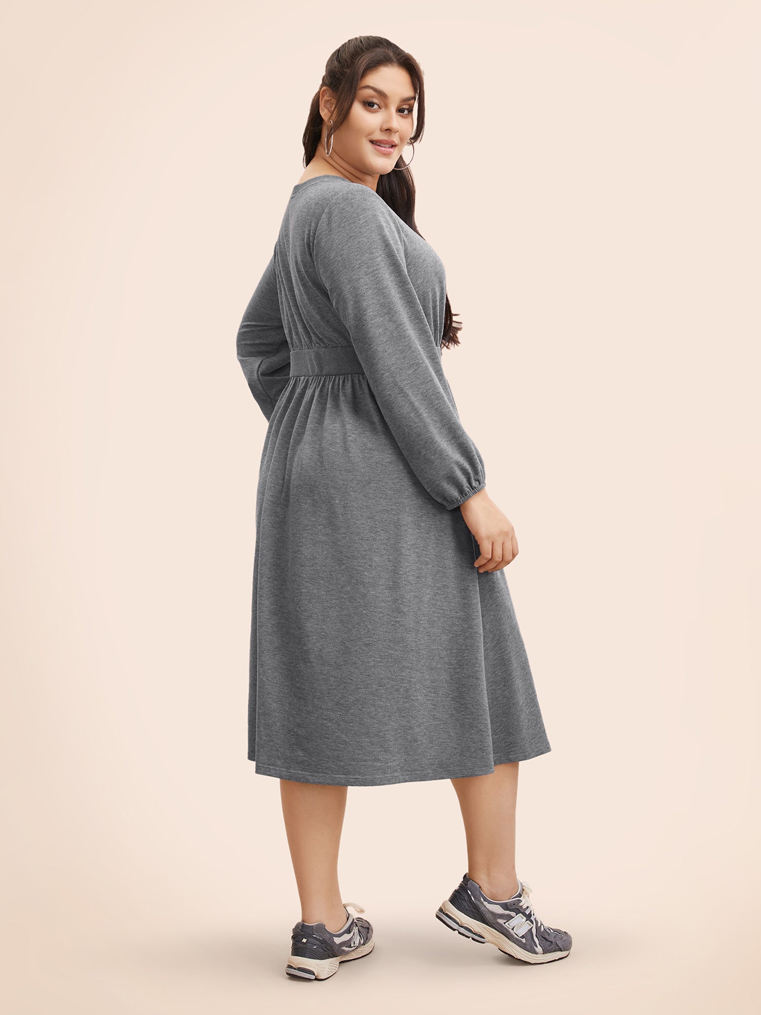 Crew Neck Elastic Waist Midi Dress