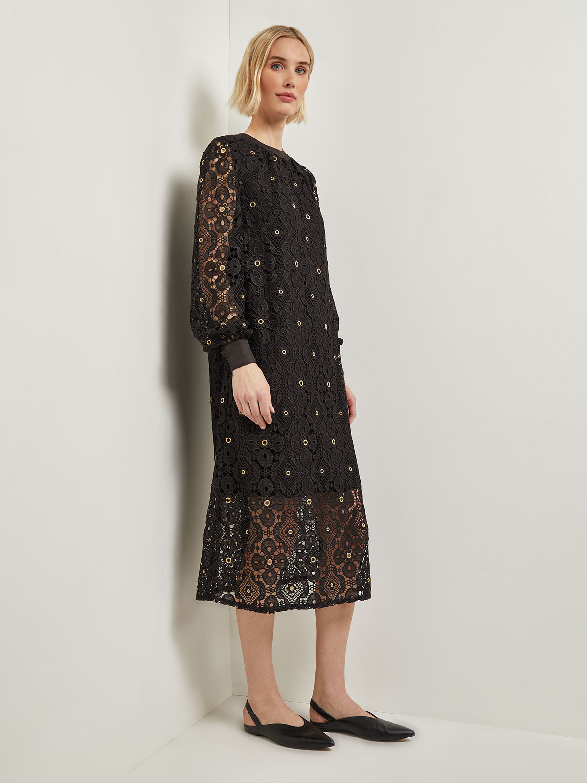 Gold Grommet Laced Shift Midi Dress