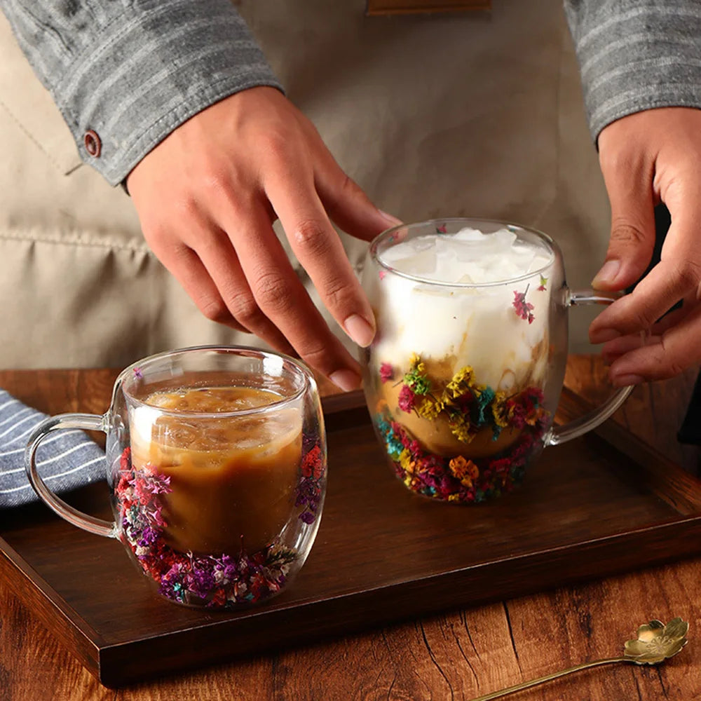 DRIED FLOWER DOUBLE WALL GLASS MUG - 350ML