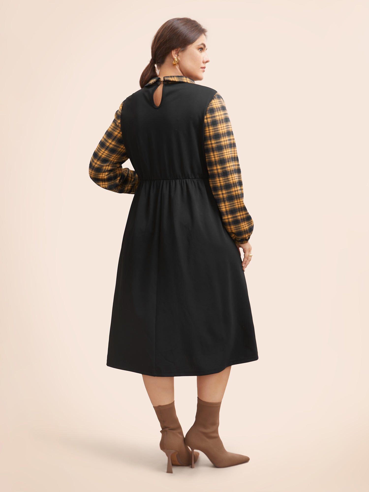 Plaid Patchwork Elastic Waist Midi Dress