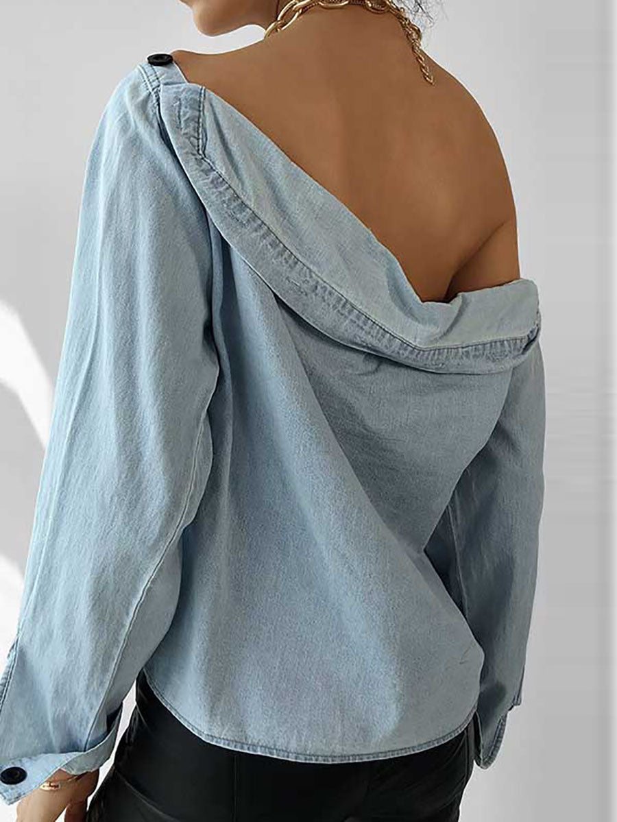 Off-Shoulder Button Denim Shirt