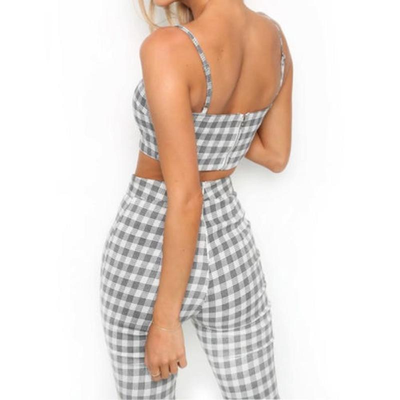 Grey Plaid Cropped Top Flared Pants (2 Piece Set)