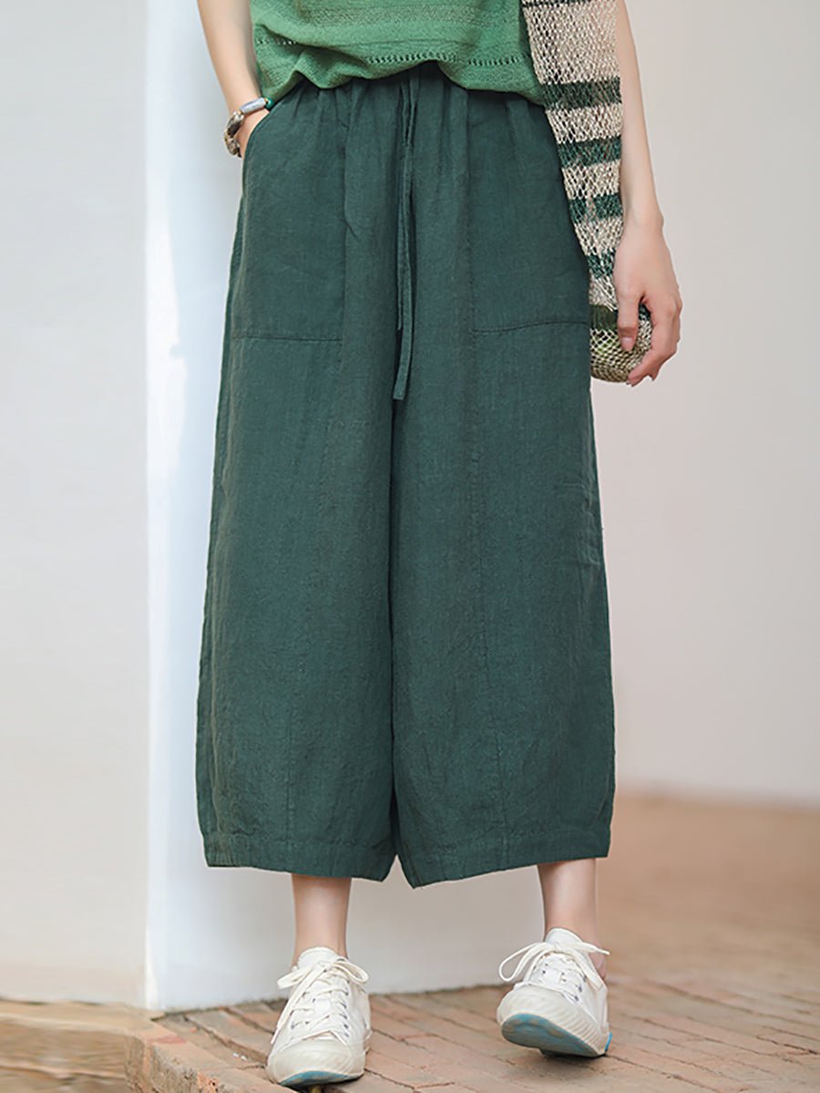 Women Summer Casual Pure Color 100%Linen Bloomers
