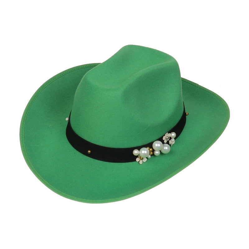 New Woolen Hat Western Denim Top Hat Men And Women Couple Hat Big Brim Curling Felt Hat