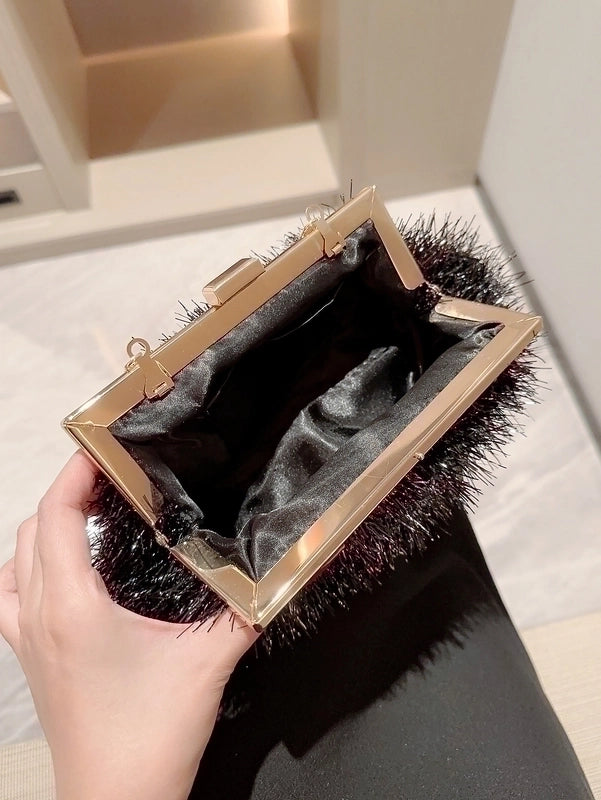Black Pu Leather Solid Color Sequins Square Tassel Evening Bags