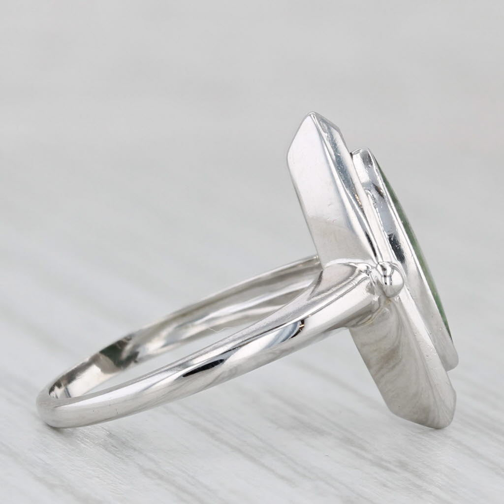 Nephrite Jade Navette Cabochon Solitaire Ring 10k White Gold Size 4.5