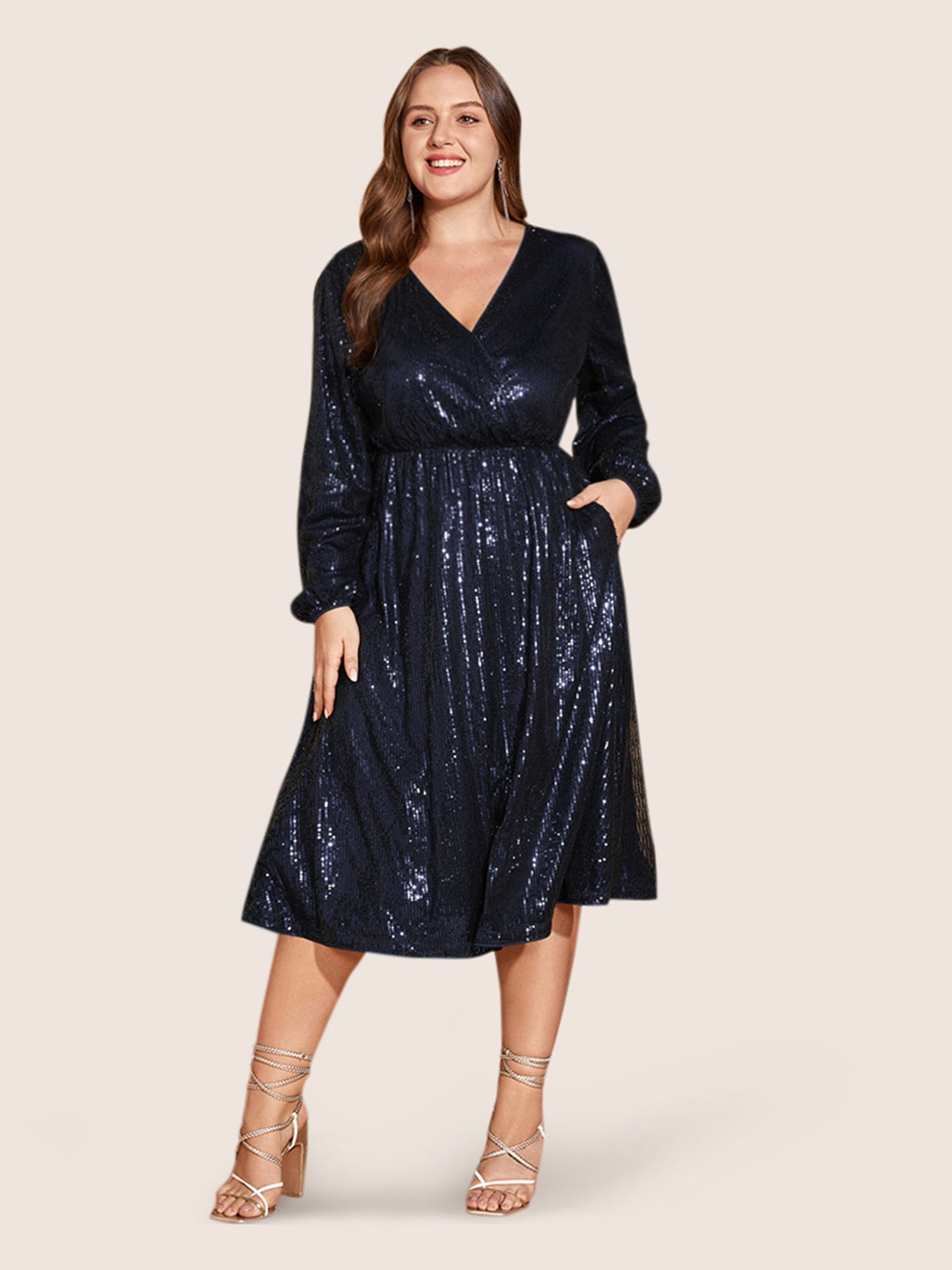 Solid Pocket Lantern Sleeve Wrap Sequin Dress