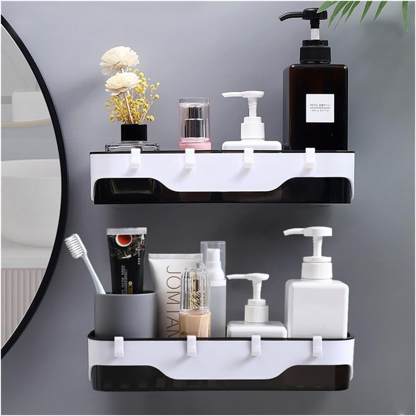 Kitchen/Bathroom Wall-Mounted Storage Rack With Hooks Plastic Container Storage Shelf