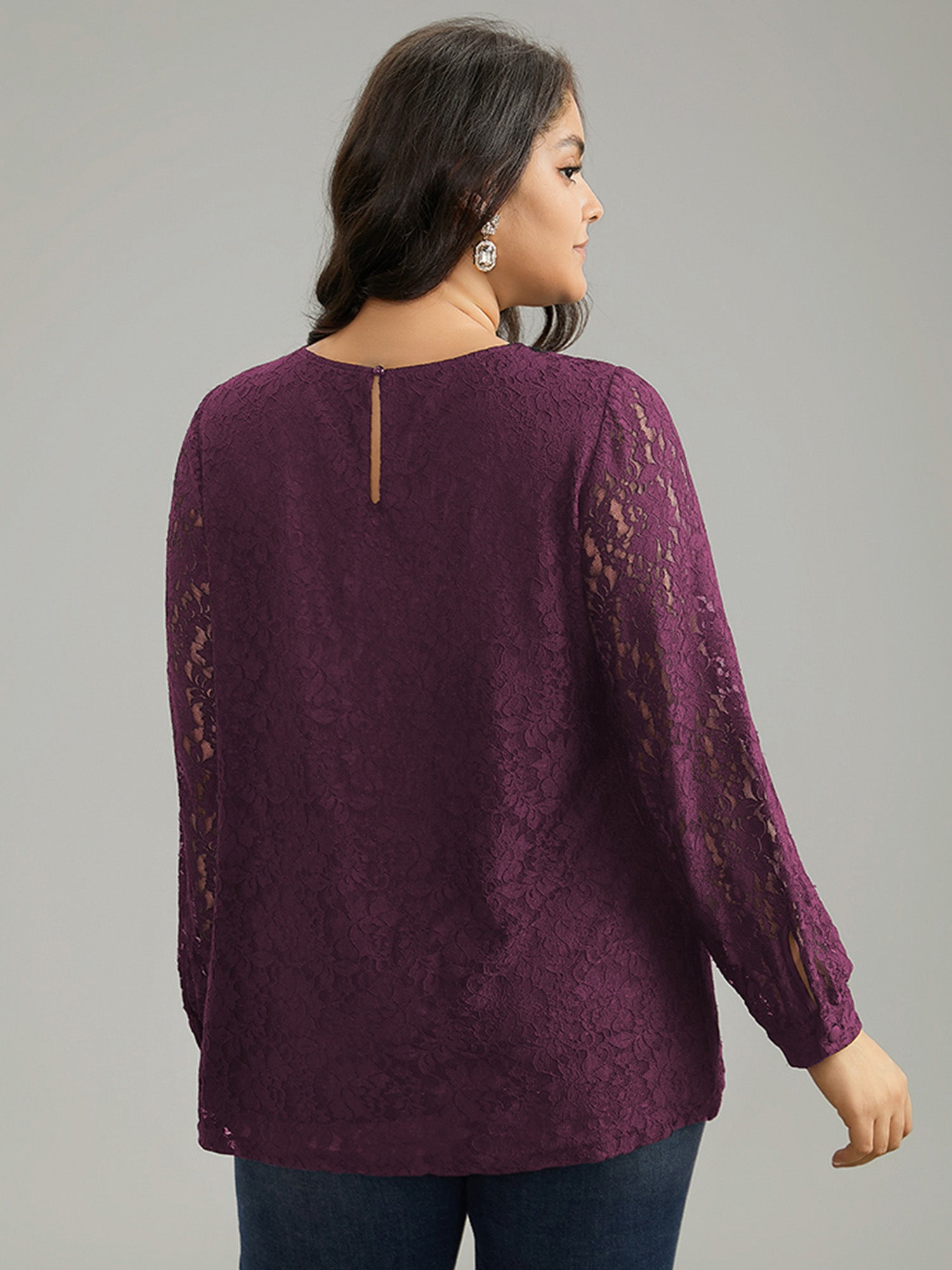 Solid Crochet Lace Mesh Crew Neck Blouse