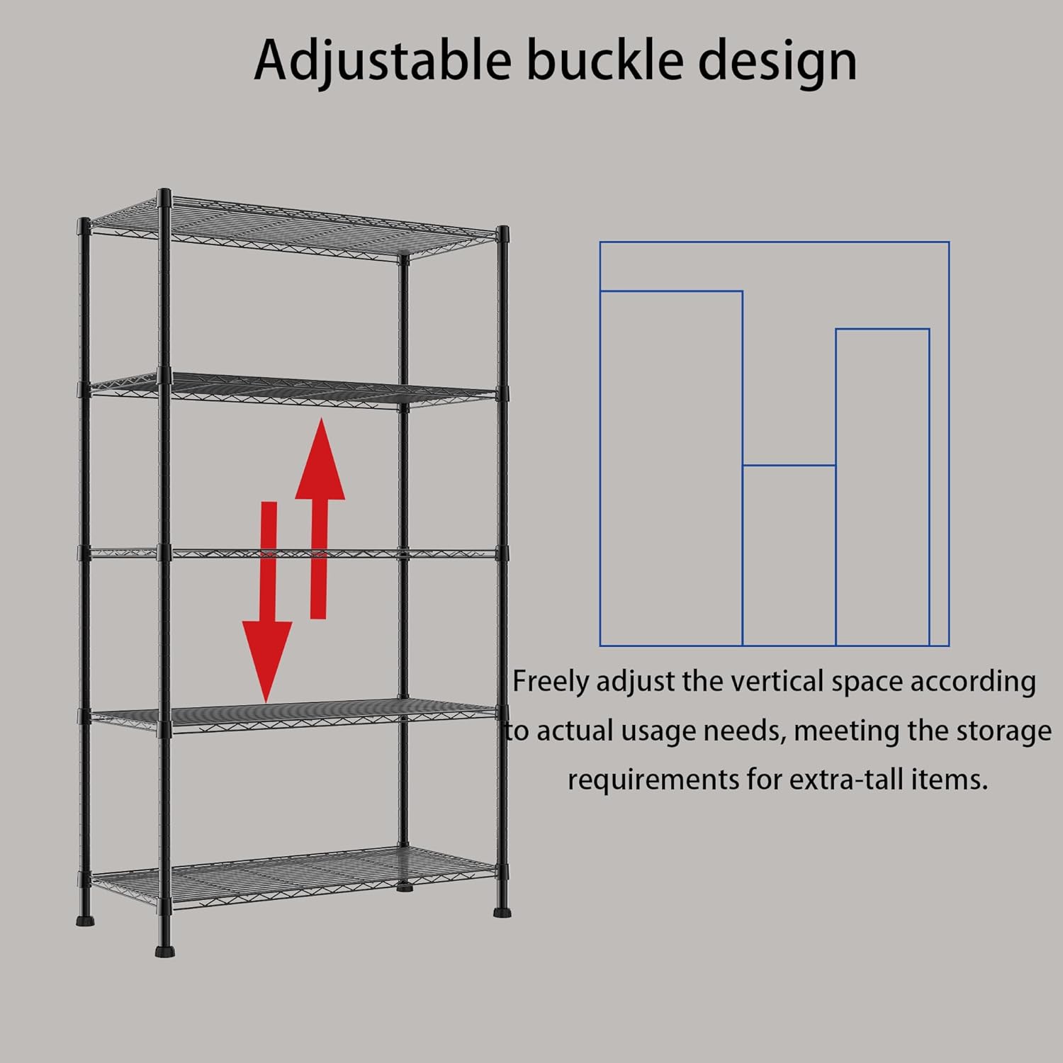 REGILLER 5-Wire Shelving Metal Storage Rack Adjustable Shelves,Standing Storage Shelf Units for Laundry Bathroom Kitchen Pantry Closet(Black,11.8