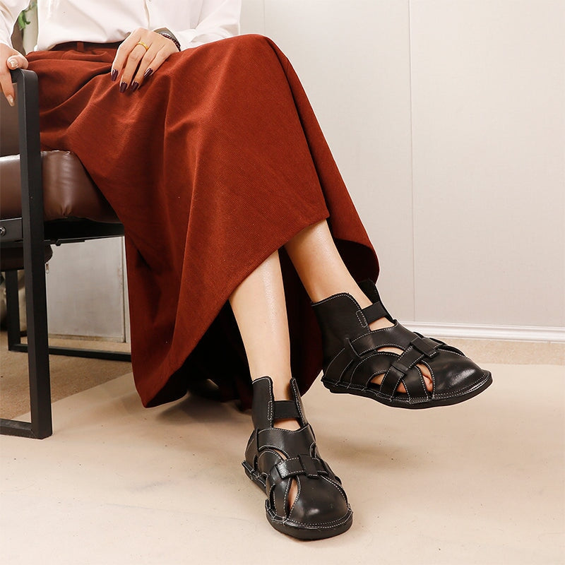 Washed Cowhide Leather Woven High-Top Flats Sandals in Caramel/Black