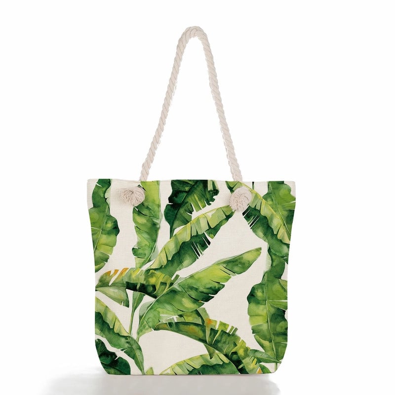 Green Leaf Printed Cotton Rope Bag Large Capacity Shoulder Bag Student Book Tote Bag Printable Logo