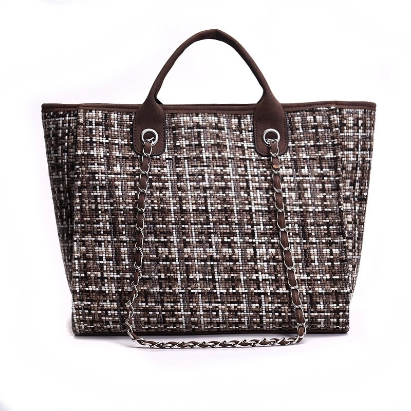 Women's Large Canvas Plaid Solid Color Streetwear Zipper Tote Bag