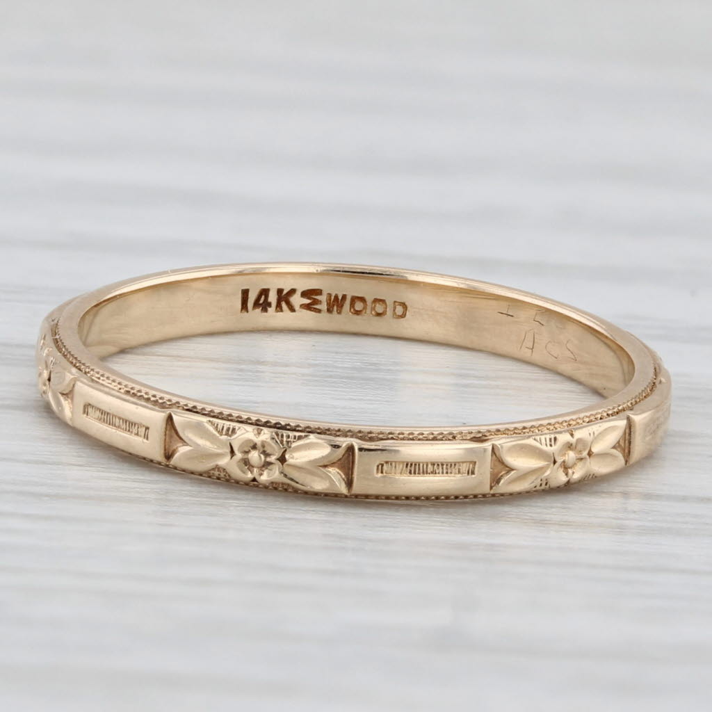 Art Deco Floral Pattern Band 14k Yellow Gold Size 6 Ring Stackable Wedding Wood