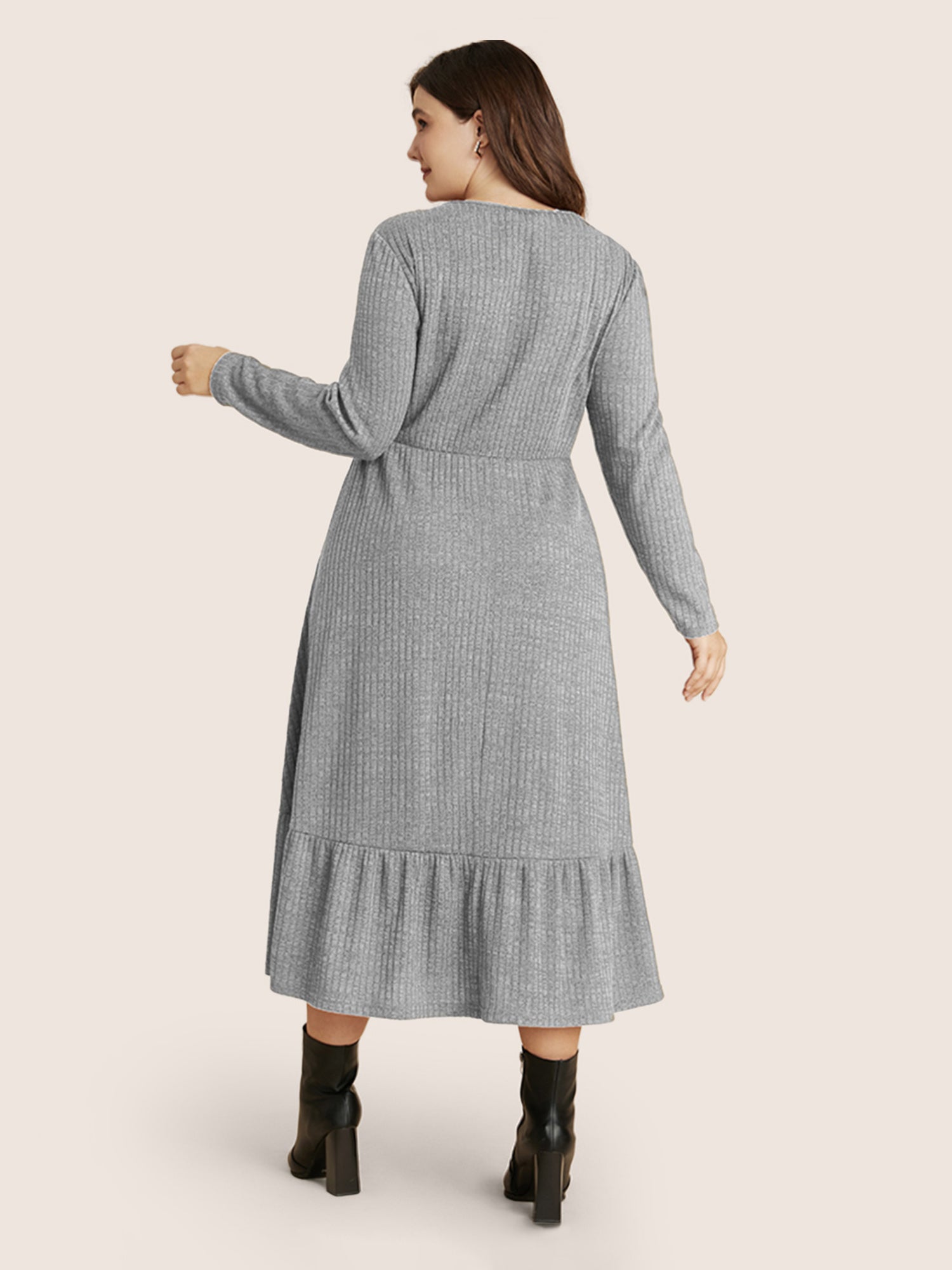 Solid Pocket Rib Knit Ruffle Hem Dress Without Belt