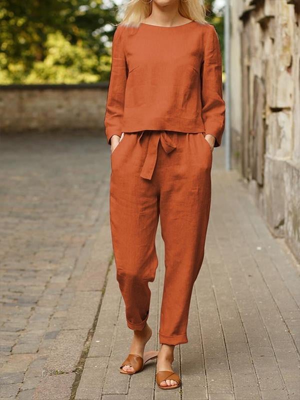 Women's Casual Basic Long Sleeve Trousers Cotton Linen Suit