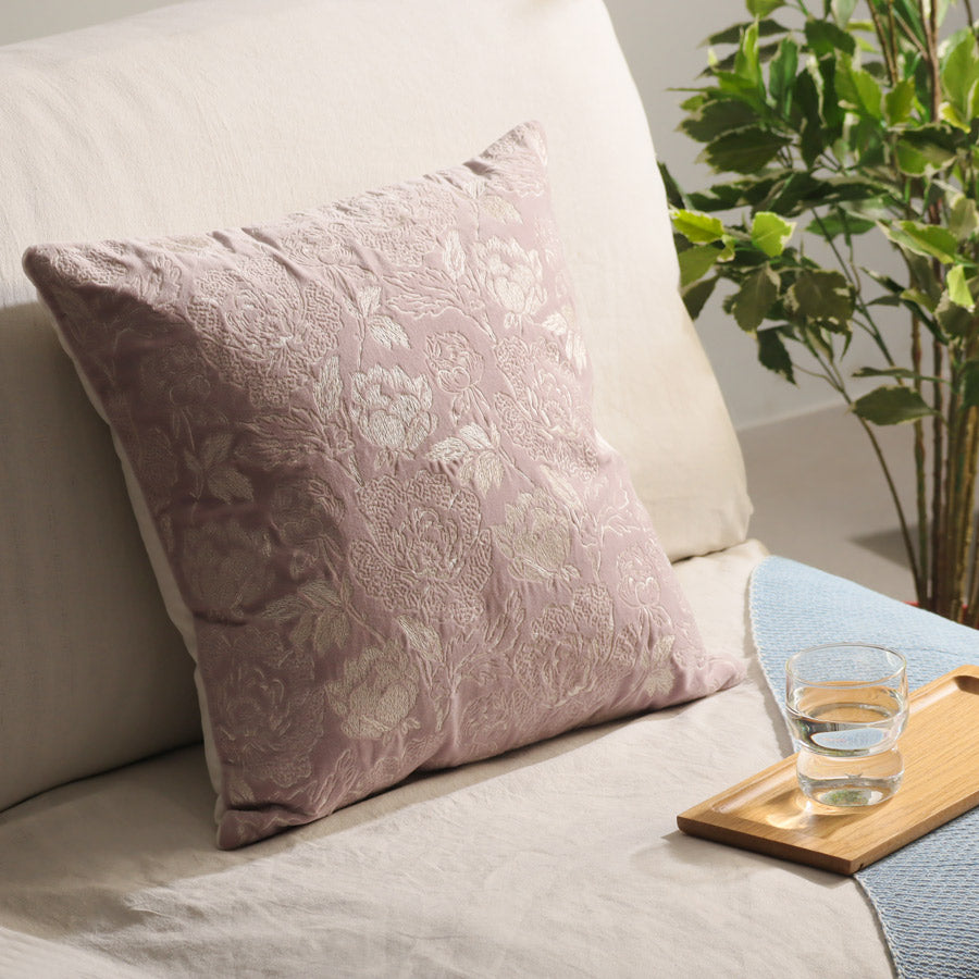 Rosette Velvet Embroidered Cushion Cover - Mauve