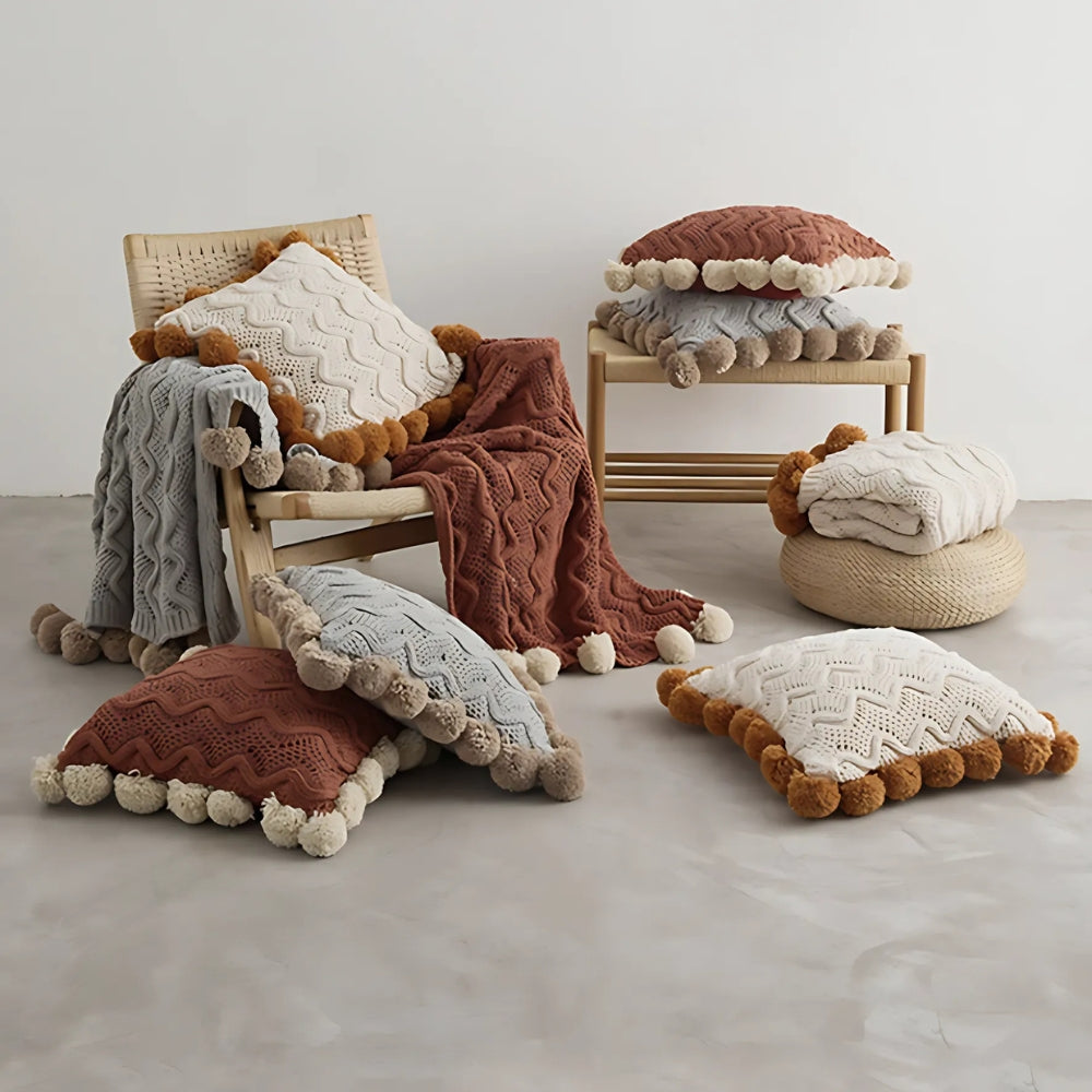 Soft Wavy Knit Pompom Cushion Cover