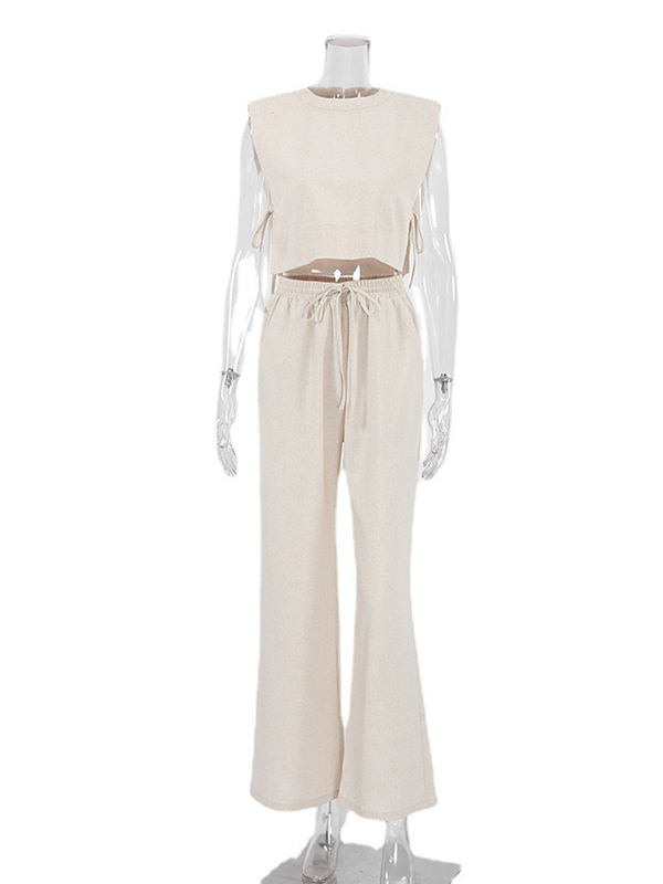 Loose Sleeveless Shoulder Pad Solid Color Tied Round-Neck Vest Top + Drawstring Elasticity Pants Bottom Two Pieces Set