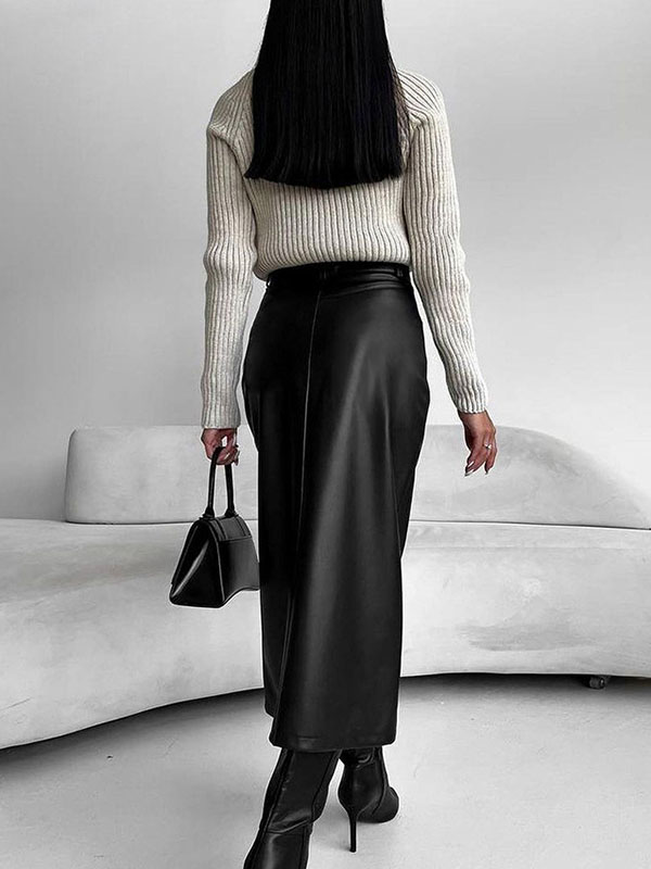 Skinny Wrap Pockets Solid Color Split-Front Zipper Skirts Bottoms